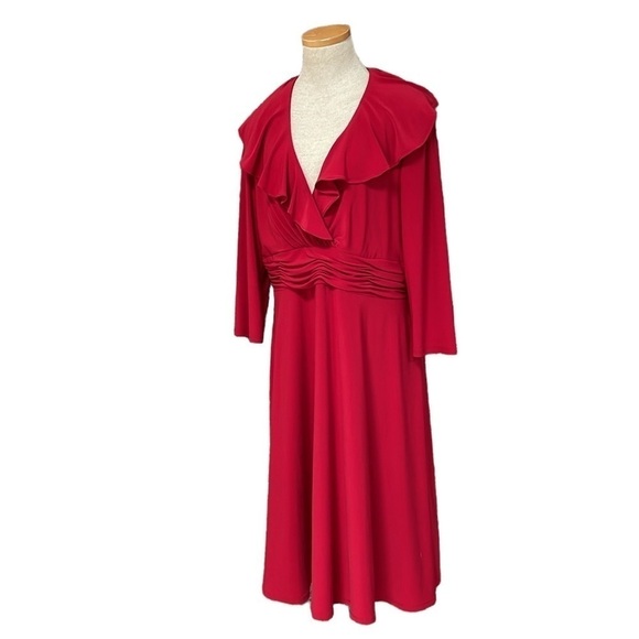 Evan-Picone Dress Women's 14 Red Long Sleeve A-Line Midi V-Neck Ruffles - Picture 1 of 16